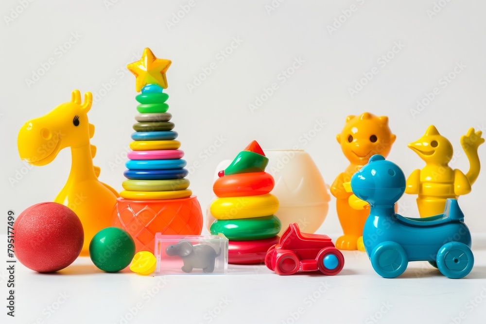 Obraz premium colorful classic toddler or baby toys on a white cinematic background, photography