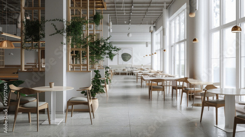 A large, open restaurant with a lot of white furniture and a lot of plants