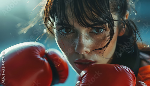 A woman wearing boxing gloves with her eyes closed