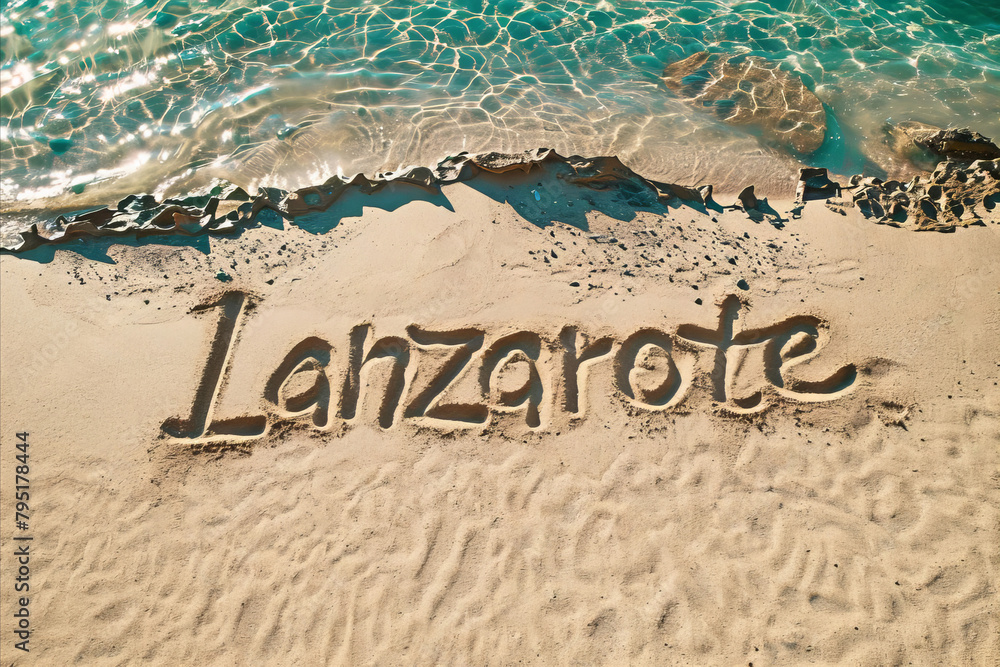 Fototapeta premium Lanzarote, Spain written in the sand on a beach. Spanish tourism and vacation background