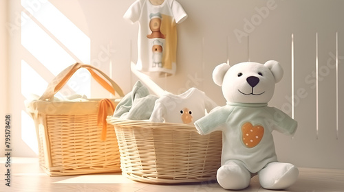 a basket of white clothes and a baby bear who sit near it baby bear toy with smile on white background, kids room