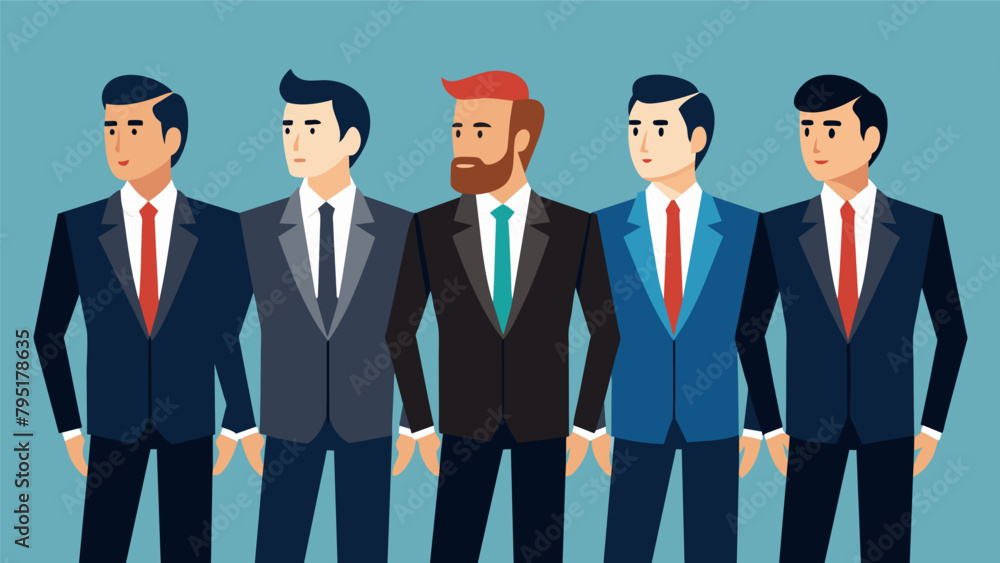 A group of sharply dressed businessmen stand side by side each showcasing the impeccable fit of their tailored suits.. A group of sharply dressed businessmen stand side by side each showcasing the impeccable fit of their tailored suits..