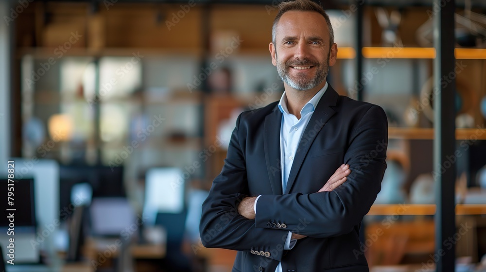 Portrait of happy businessman with arms crossed standing in office. Image of handsome businessman wearing suit. copy space for text Portrait of happy businessman with arms crossed standing in office. Image of handsome businessman wearing suit. copy space for text