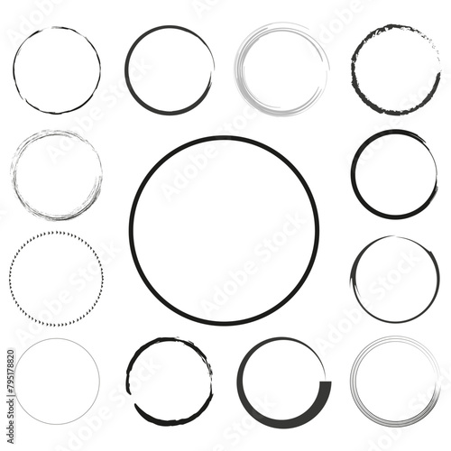 Collection of diverse circle outlines. Hand-drawn and geometric circle set. Vector illustration. EPS 10.