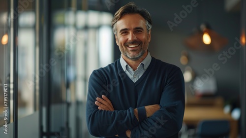 Portrait of happy businessman with arms crossed standing in office. Image of handsome businessman wearing suit. copy space for text