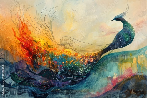 A colorful painting of a peacock with a blue background. The peacock is surrounded by a lot of different colors and patterns, giving the painting a vibrant and lively feel photo