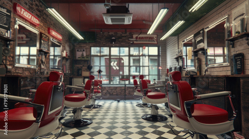A barbershop with red chairs and a sign that says "No © Art AI Gallery