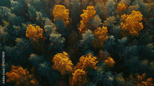 Yellow and green autumn trees in a forest at sunset. 