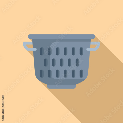 Drain colander icon flat vector. Kitchen accessory. Handle metal element