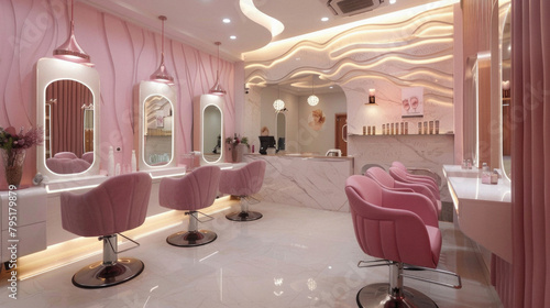 A pink salon with pink chairs and a pink counter