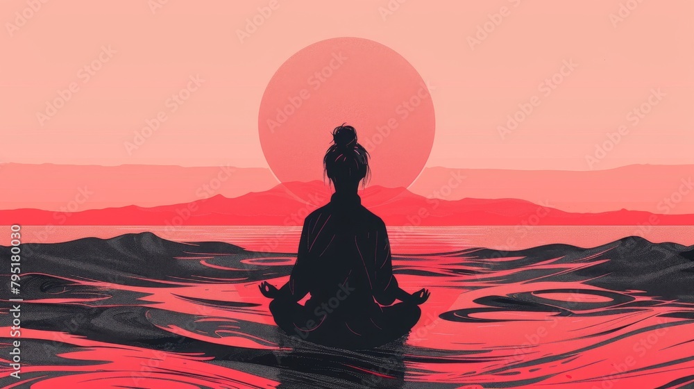 Woman Backlit in Yoga Pose in calm sunrise Zen. International Yoga Day.