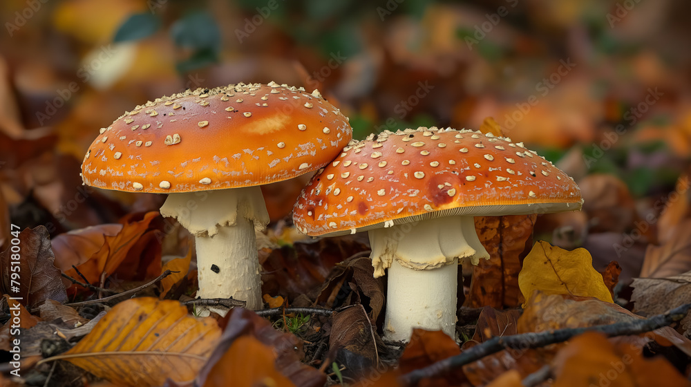Two vibrant orange mushrooms with white spots stand out amidst fallen autumn leaves on the forest floor. Two vibrant orange mushrooms with white spots stand out amidst fallen autumn leaves on the forest floor.