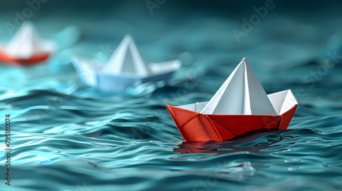 A group of white paper ships in one direction and one red paper ship pointing in different ways on a blue background. Business for innovative solution concept.