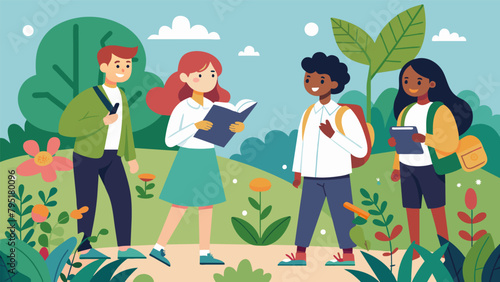 A group of students led by their science teacher on a nature walk through the backyard taking notes and sketches of the different plants and
