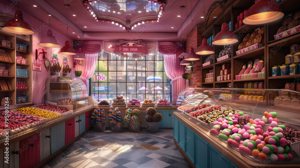 A candy store with pink and blue decorations