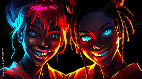 Two cartoon character faces glow in neon colors  displaying exaggerated smiles and playful expressions.