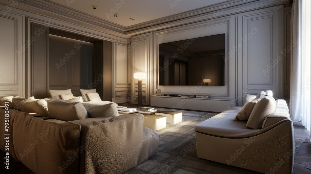 Fototapeta premium Elegant minimalist neoclassical media room with luxurious beige decor