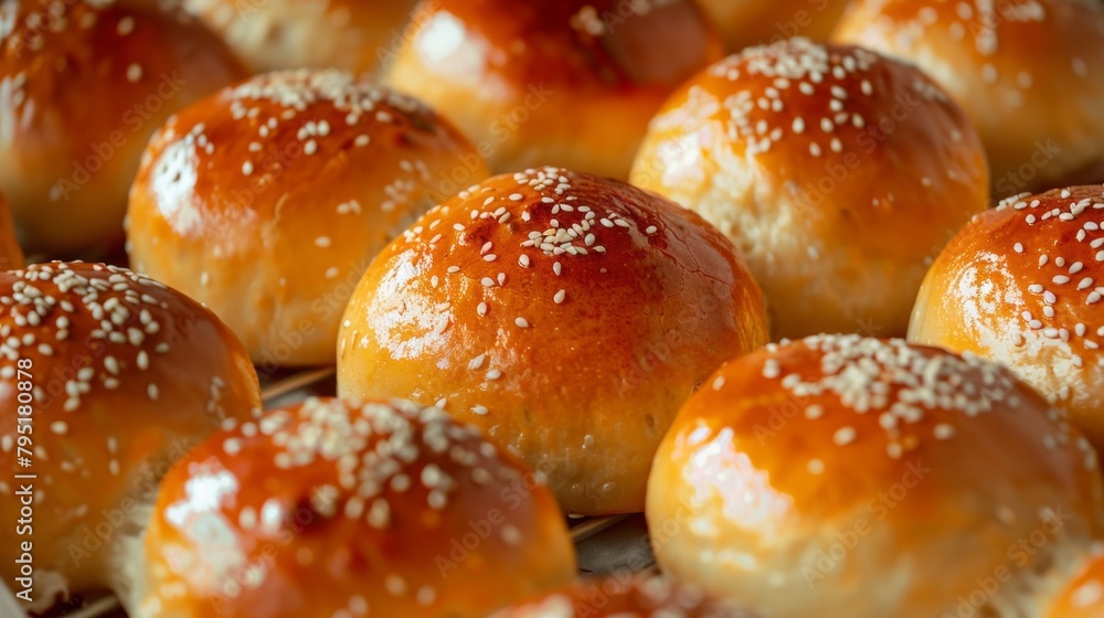 Close-up of artisanal golden brown buns topped with white sesame seeds, with a focus on the texture and glossiness of the baked surface.