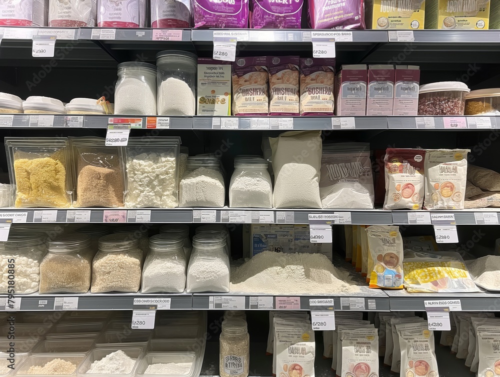 A store shelf with many different types of rice. The store is well organized and the rice is displayed in clear containers