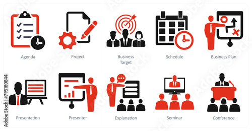 A set of 10 business presentation icons as agenda, project, business target