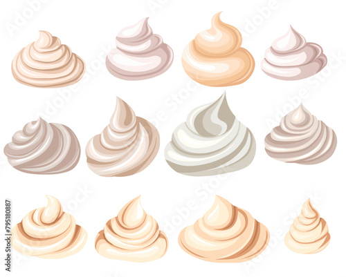 Vector set of cartoon meringues and creams isolated from background. Collection of sweet toppings. Tasty food cliparts for recipes, stickers (ID: 795180887)