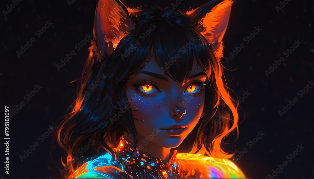 portrait of orange holographic glowing neon fox on dark background from Generative AI
