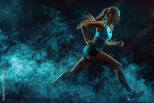 A strong woman running on dark background wearing in the sportswear, fitness and sport motivation, Runner concept with copy space