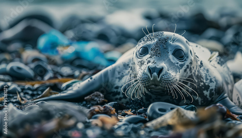 A baby seal is laying on the beach, surrounded by seaweed and rocks photo