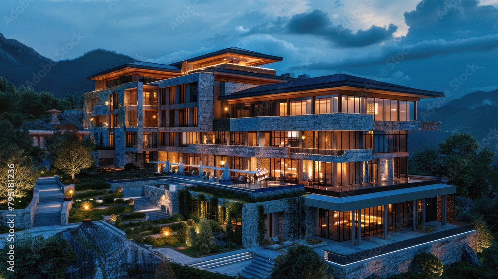 A large house with a lot of windows and a stone exterior A large house with a lot of windows and a stone exterior