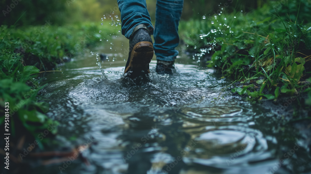 Boots walking through a shallow puddle, creating ripples, capturing a moment of outdoor exploration after rain. Boots walking through a shallow puddle, creating ripples, capturing a moment of outdoor exploration after rain.