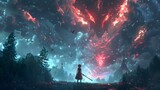 A girl stands with a sword, gazing at an enchanting sky with red nebulous formations above a serene forest landscape, Digital art style, illustration painting.
