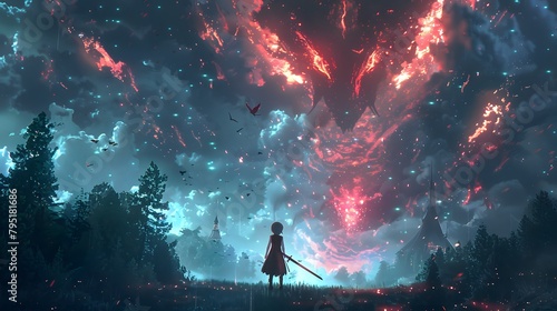 A girl stands with a sword, gazing at an enchanting sky with red nebulous formations above a serene forest landscape, Digital art style, illustration painting. photo