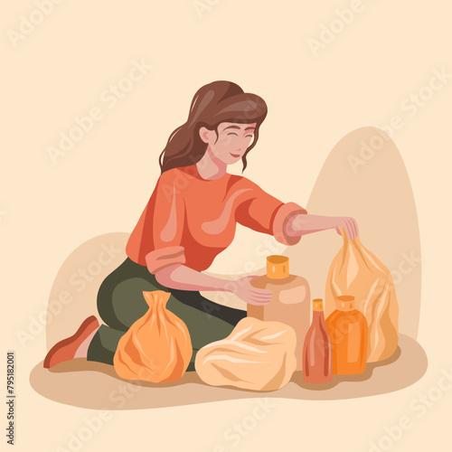 Vector illustration of a woman sorting plastic garbage in warm colors. Flat illustration on the theme of zero waste and recycle. Ecological lifestyle (ID: 795182001)