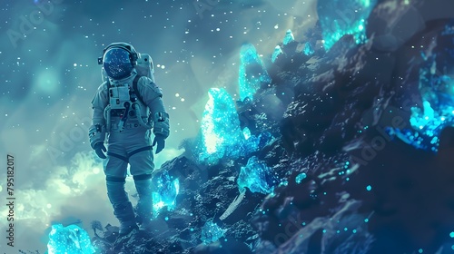 An astronaut is on a discovery mission, exploring a mysterious cave adorned with glowing, luminous crystals on an alien planet, Digital art style, illustration painting.