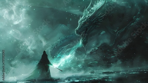 A lone warrior confronts a mighty dragon amid a surreal, magical environment, evoking a scene of fantasy and adventure, Digital art style, illustration painting.