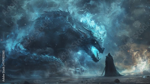 A lone figure faces an immense cosmic dragon, its body swirling with celestial energy, in a dramatic confrontation amidst the stars, Digital art style, illustration painting.