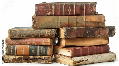 Stack of vintage books on white surface