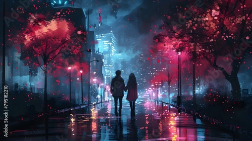 A couple walks hand in hand on a wet urban street, illuminated by neon lights and the vibrant colors of a rainy evening, Digital art style, illustration painting.