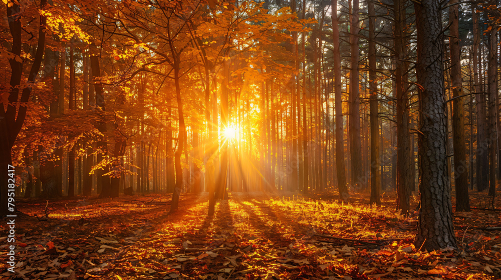 Yellow autumn trees in a forest at sunset. Fall foliage