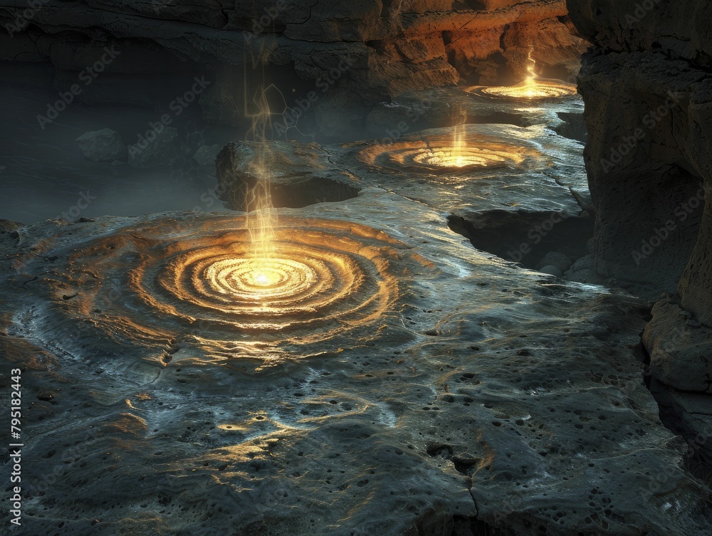In the eerie night, intricate crop circles emerge under an enigmatic spotlight, casting haunting shadows. In the eerie night, intricate crop circles emerge under an enigmatic spotlight, casting haunting shadows.