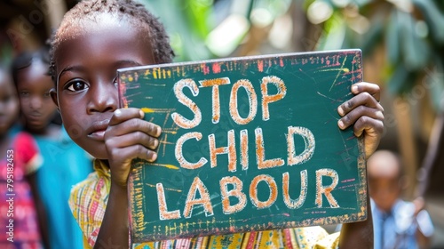 A child holding up an old chalkboard sign with the words 
