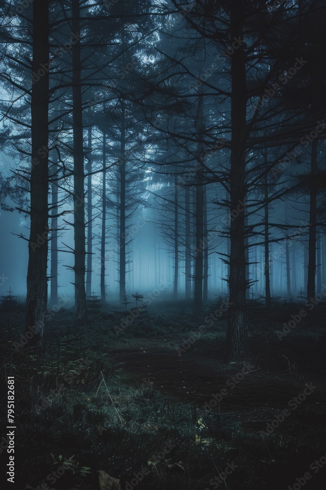 Obraz premium Witness the mysterious scene in the foggy forest at night, where an eerie glow hints at an alleged alien abduction site.