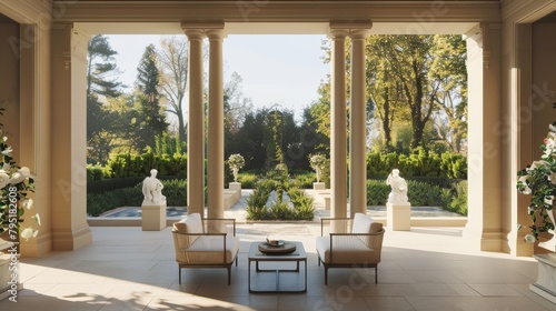 Elegant neoclassical terrace featuring serene garden views with statues and modern furnishings