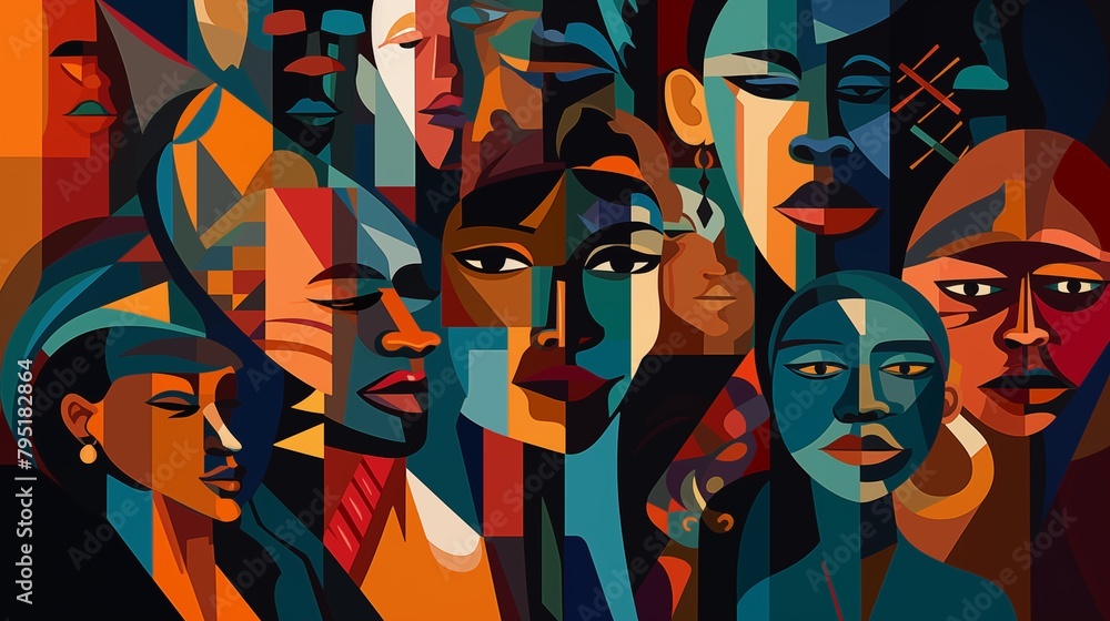 Black History Month colourful abstract illustration of Diverse representations of African-American across different fields.