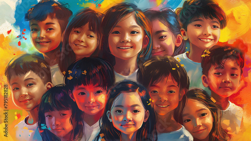 Group of diverse children smiling on colorful illustrations, multi ethnicity  photo