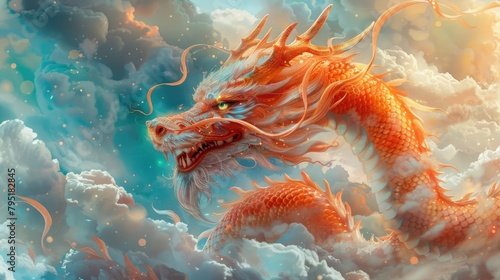 A dragon is depicted in the sky with clouds. The dragon is orange and has a menacing look on its face