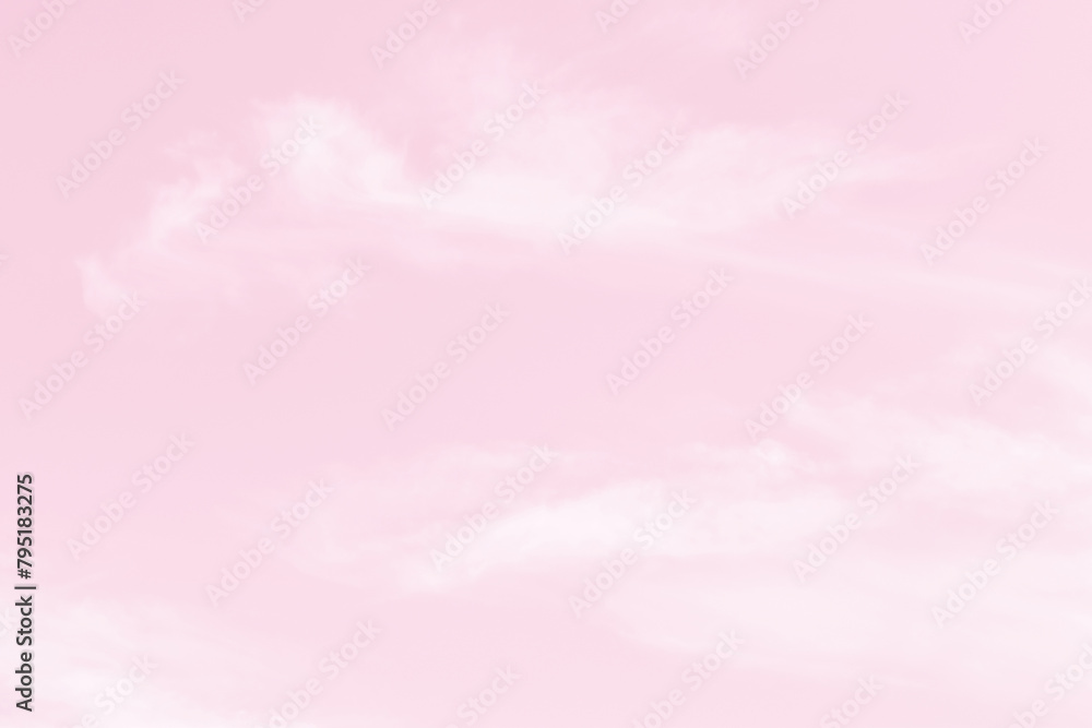 Pink pastel sky white fluffy cloud. Valentine, Love, Romance, Sweet cloudscape sky background. Beautiful morning sky with sunlight.