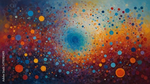 Mesmerizing swirl of vibrant colors dominates canvas  drawing viewers into hypnotic dance of hues  shapes. Central focus deep blue vortex  surrounded by explosion of dots in various sizes  colors.