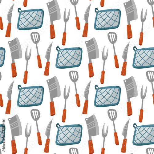 Pattern of kitchen knives with a wooden handle and a pot holder, showing various types of knives, spatula, fork for meat, pot holder for hot. Seamless replay. Useful for cooking blogs, recipe books