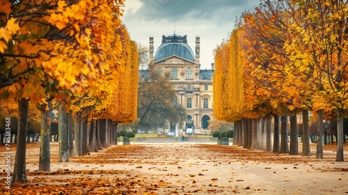Yellow autumn trees in Tuileries Garden ne Louvre  photo